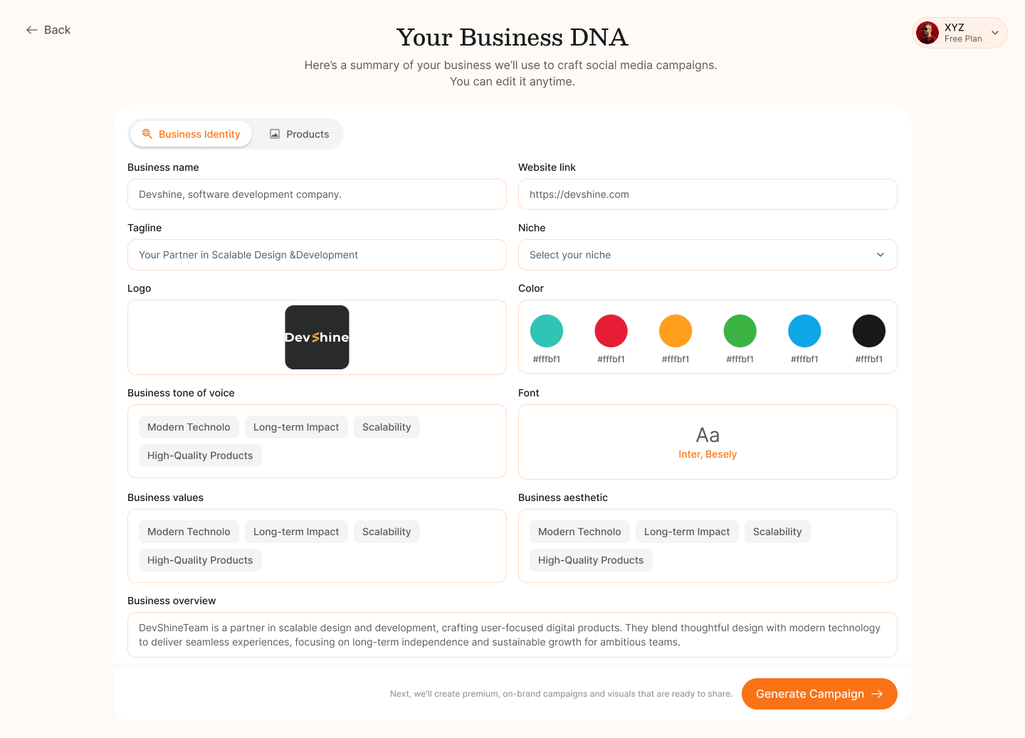 Gullabs Business DNA dashboard showing extracted brand colors, fonts, and professional tone analysis