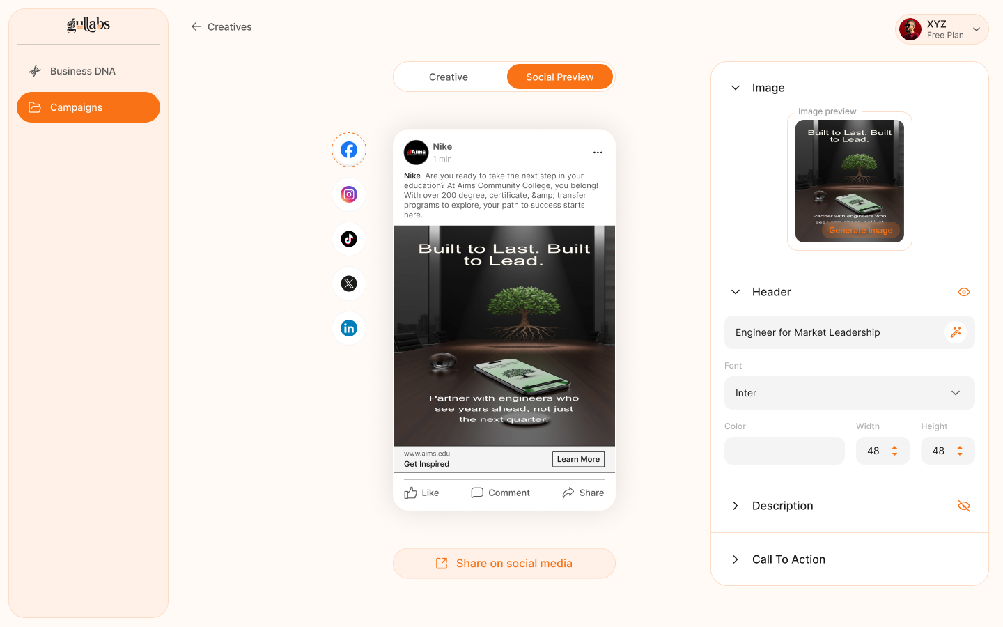 Live social media ad preview on Facebook and Instagram using Gullabs AI templates