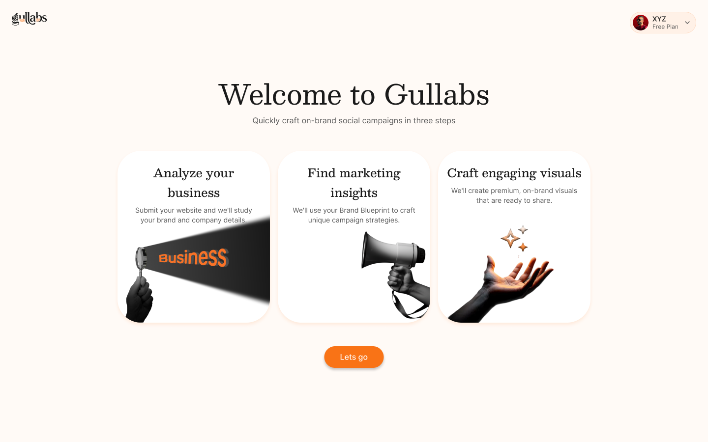 Gullabs welcome dashboard showing the three-step AI ad creation process: Analyze, Insights, and Visuals